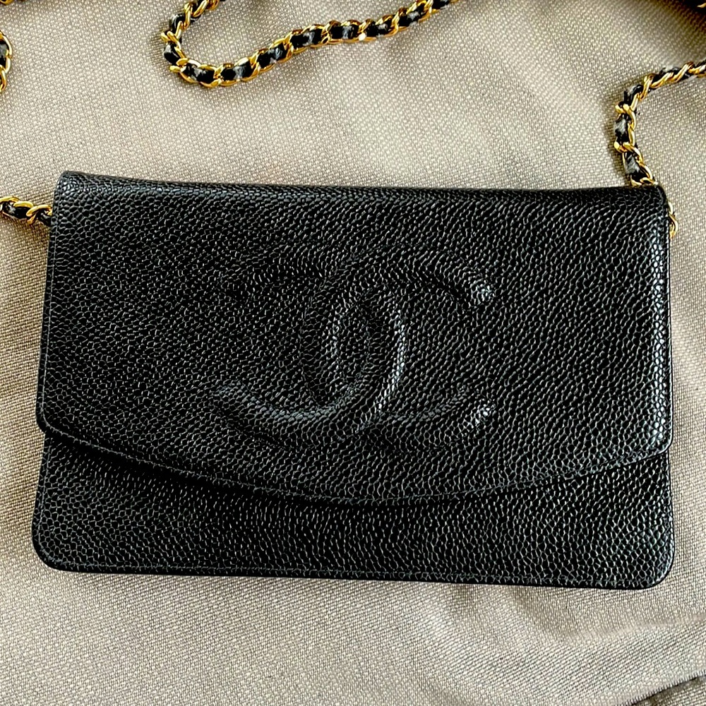 Black wallet on chain with caviar leather with gold hardware